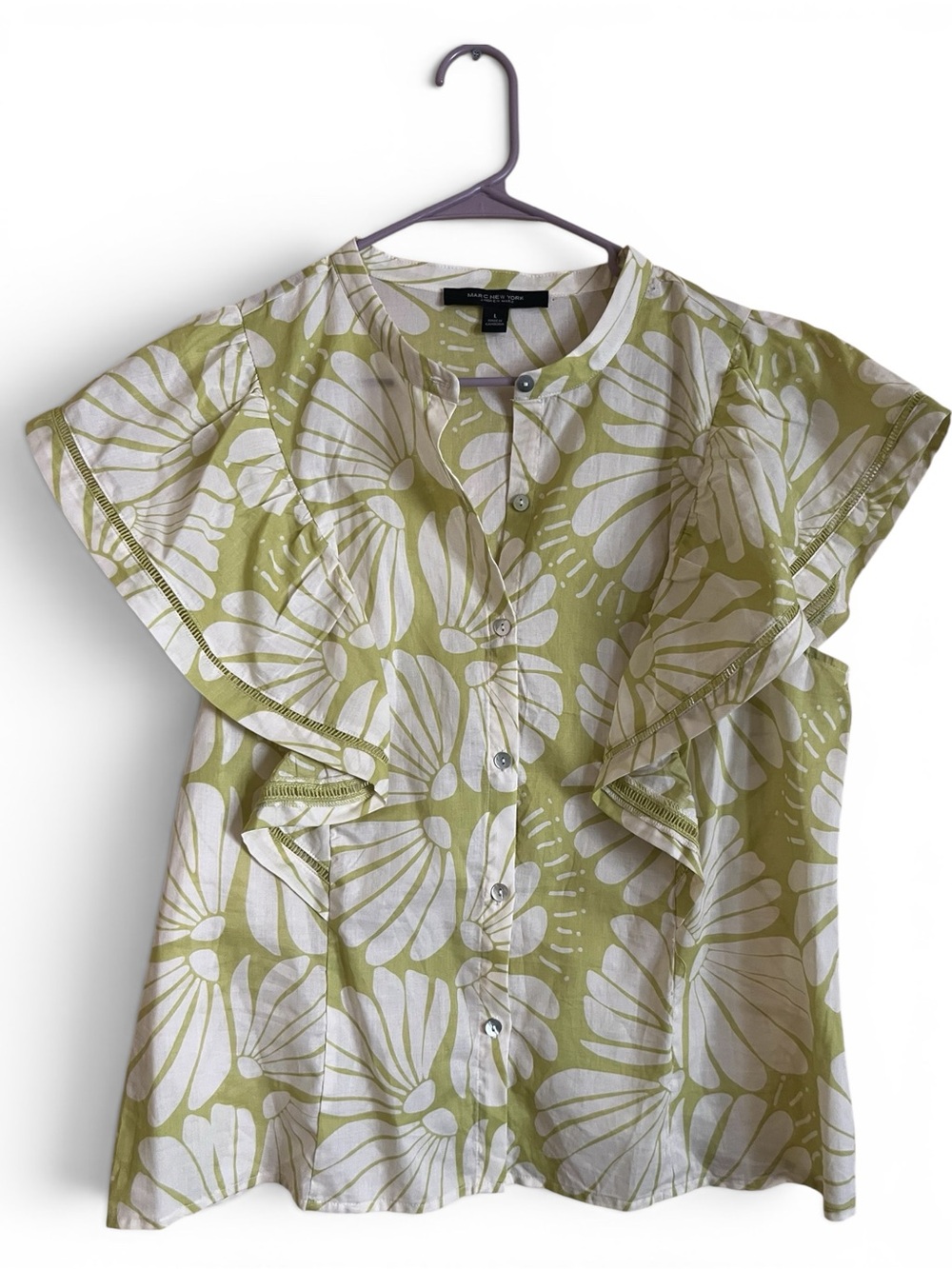 Marc New York Olive & White Floral Ruffle Button-Front Blouse